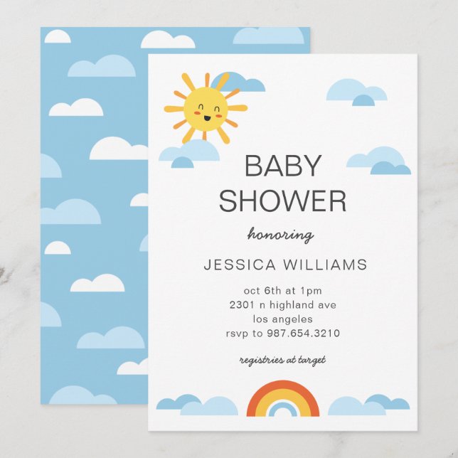 Hej Baby Sol Clouds Rainbow Baby Shower Inbjudan (Fram/baksida)