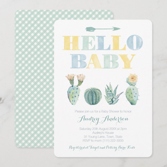 Hej Baby Team Grönt  Genderless Cacti Baby Shower Inbjudningar (Fram/baksida)