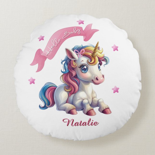 Hej Baby Unicorn Rund Kudde (Framsidan)