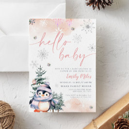 Hej Baby, Winter Penguin babydusch rosa Inbjudningar