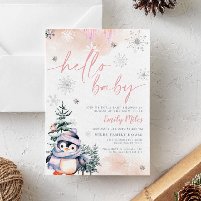 Hej Baby, Winter Penguin babydusch rosa Inbjudningar (Skapare uppladdad)