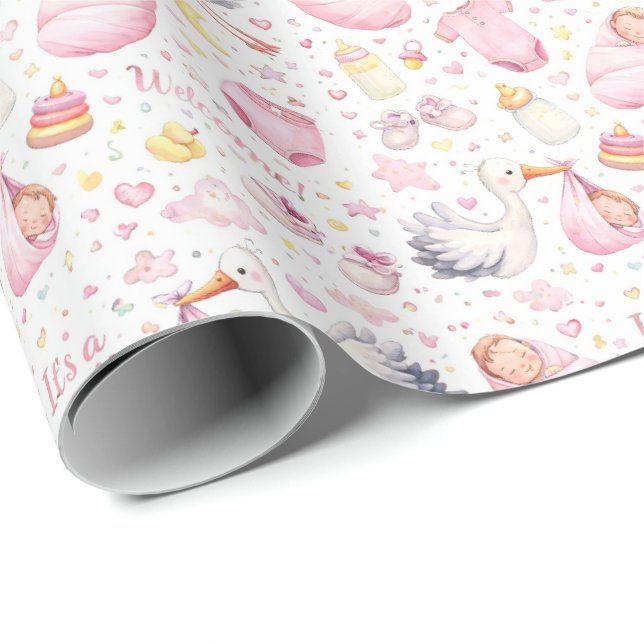 Hej Babyflicka – Vattenfärg Mönsterdesign Presentpapper (Rullad Hörn)