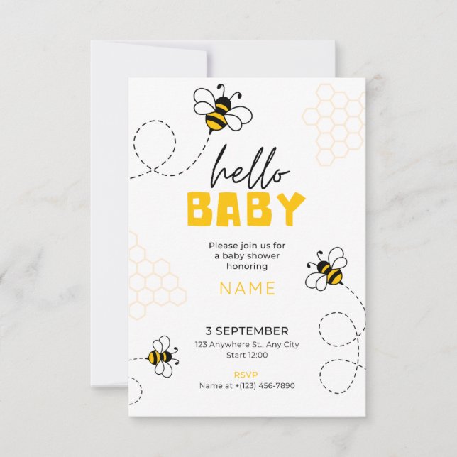 hej bebis, baby shower inbjudan söt bi (Framsida)