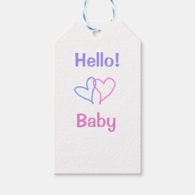 Hej bebis rosa lila hjärta vattenfärg boho presentetikett (Framsidan)