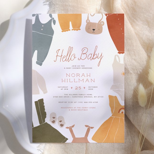 Hej Bebis | Söta Boho Kläder Flicka Bebis Shower Inbjudningar (Skapare uppladdad)