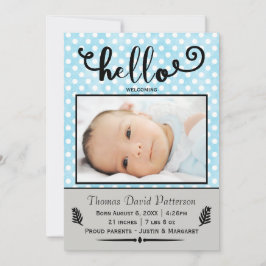 hej-blå prickar/grått-foto - födelsemeddelande meddelande