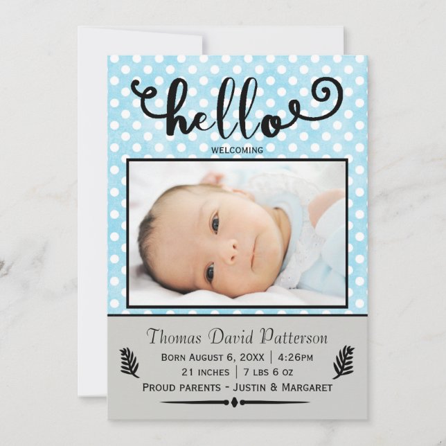 hej-blå prickar/grått-foto - födelsemeddelande meddelande (Framsida)