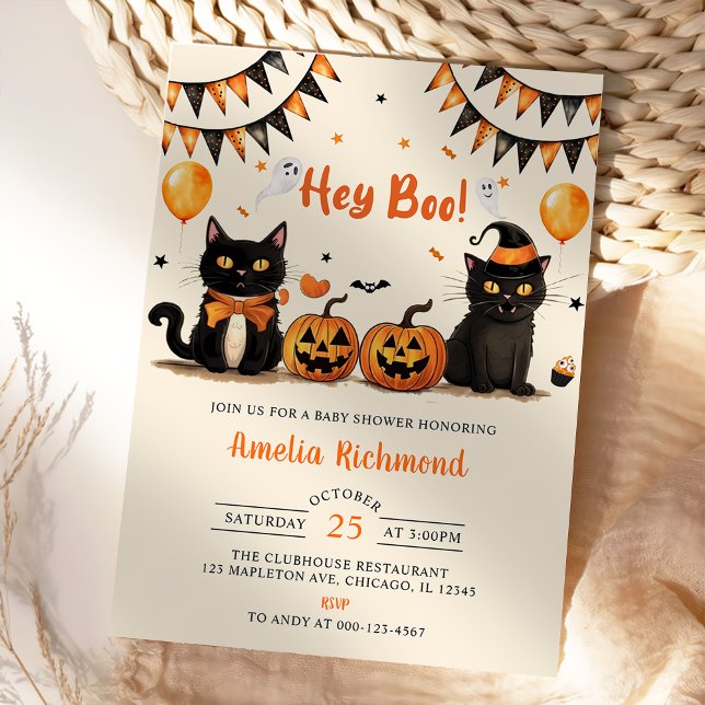 Hej Boo! Black Cat Halloween Baby Shower Inbjudningar (Skapare uppladdad)