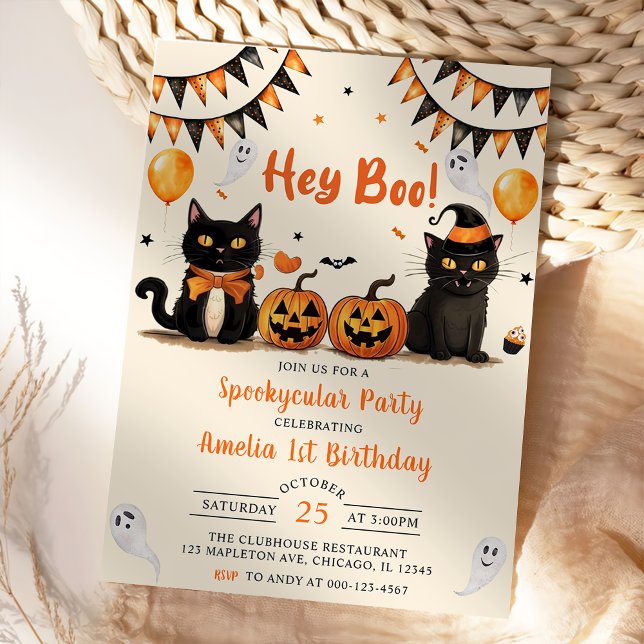 Hej Boo! Black Cat Halloween-Födelsedagsfest Inbjudningar (Skapare uppladdad)