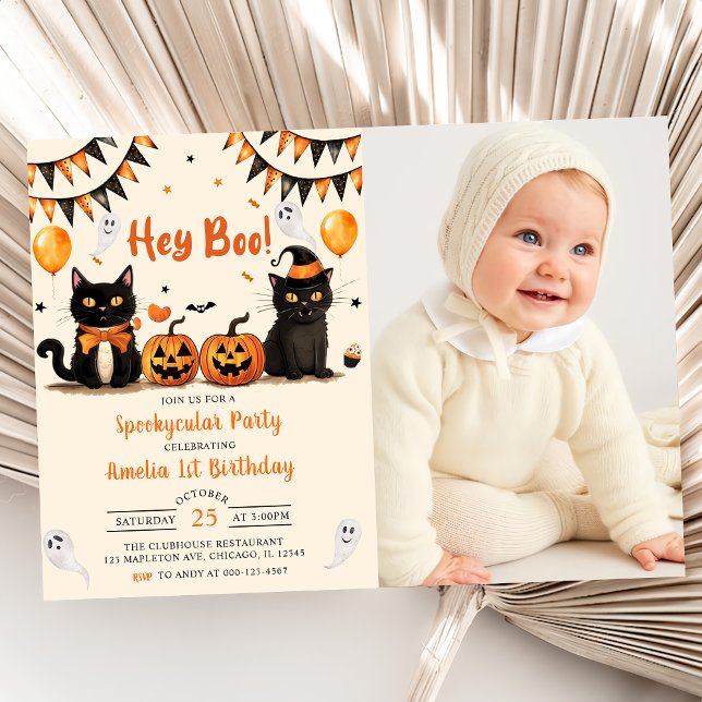 Hej Boo! Black Cat Halloween Födelsedagsfest Photo Inbjudningar (Skapare uppladdad)