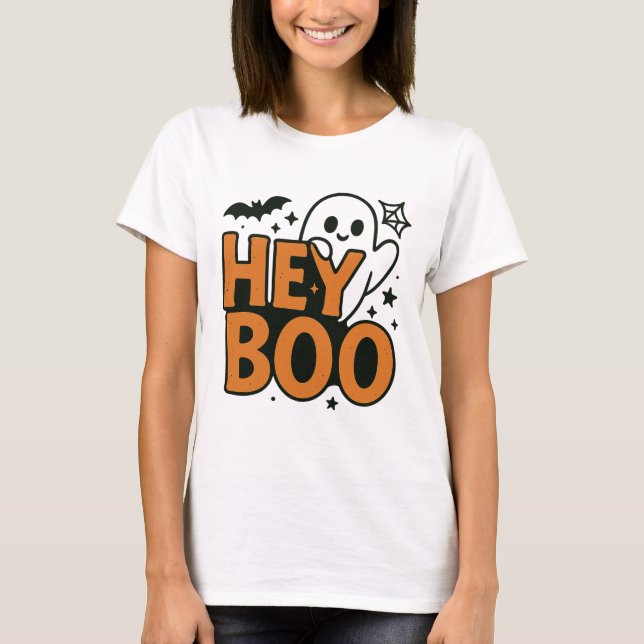Hej Boo | Funny Orange & Black Ghost Women's Hallo T Shirt (Framsida)