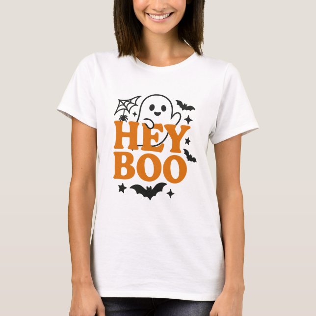 Hej Boo | Funny Orange & Black Ghost Women's Hallo T Shirt (Framsida)