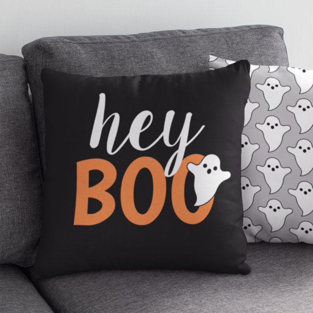 Hej Boo Orange Black Funny Halloween Ghost Kudde (Skapare uppladdad)