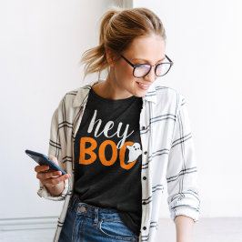 Hej Boo Orange Black Funny Halloween Ghost Womens T Shirt