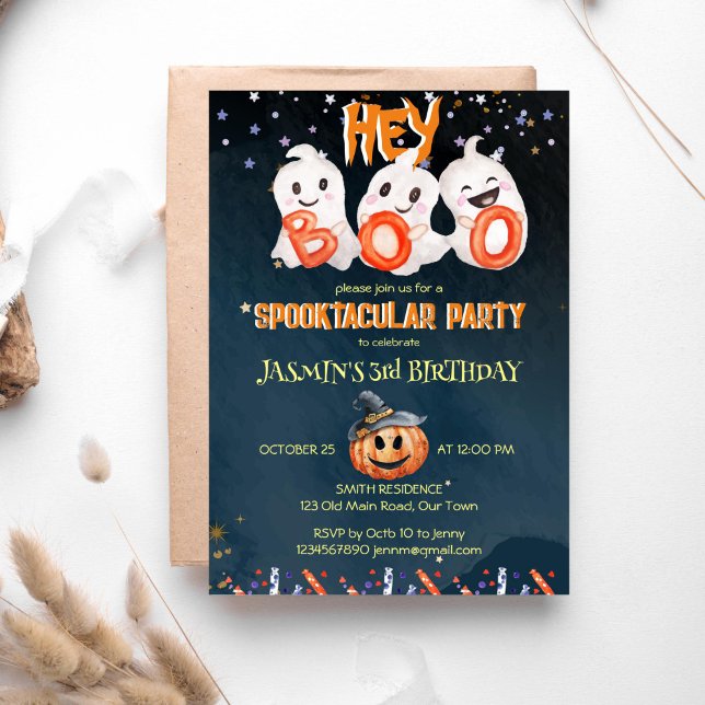 Hej boo spooktacular Halloween-födelsedagsmall Inbjudningar (Hey boo spooktacular Halloween birthday party invitation template instant download cute ghosts)