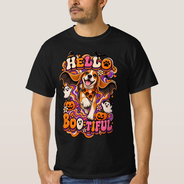 Hej Bootiful Beagle Halloween Rolig Groovy Häxa T Shirt (Framsida)
