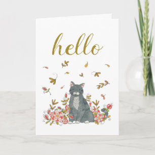 Hej Cat and Flowers Illustrated Thinking of You Kort