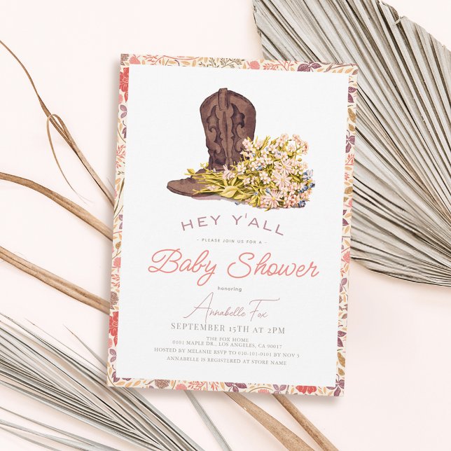 Hej, Cowboy Boot & Bouquet Girl Baby Shower Inbjudningar (Hey Y'all Cowboy Boot & Bouquet Cowgirl Baby Shower Collection)