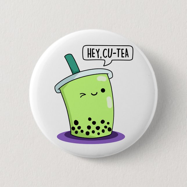 Hej Cu-Tea Funny Boba Tea Pun Knapp (Framsida)