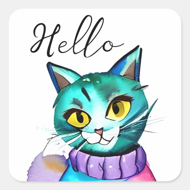 Hej | Cute Blue Kattunge Fyrkantigt Klistermärke (Framsida)