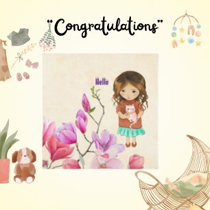 Hej, Cute Girl and Cat Card