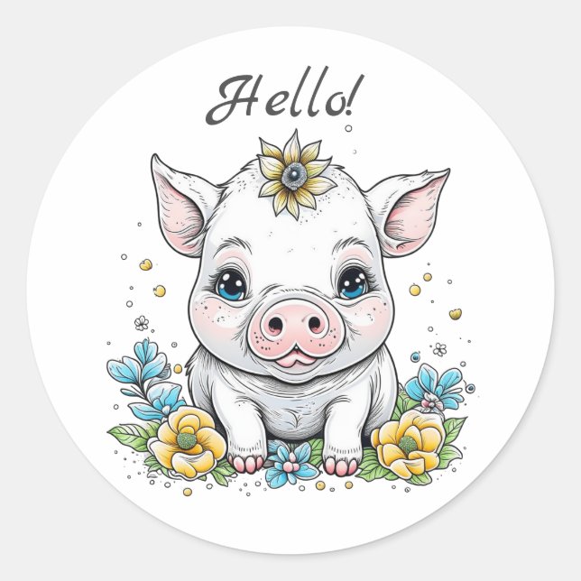Hej! Cute Gris med blomma på huvudet Runt Klistermärke (Framsida)
