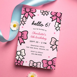 Hej Cutie Rosa Tecknad Bows Födelsedagsfest Inbjudningar