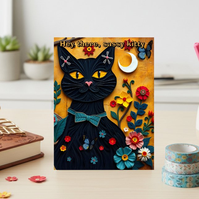 Hej, där Black Cat Folk Art-vykort Vykort (Send this postcard to your sassy friend. Unique design for stationery enthusiasts and cat lovers)