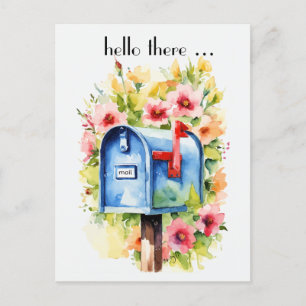 Hej där Vattenfärg för postlåda och blommor Vykort