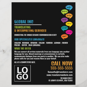 Hej design, översättare och tolk reklamblad