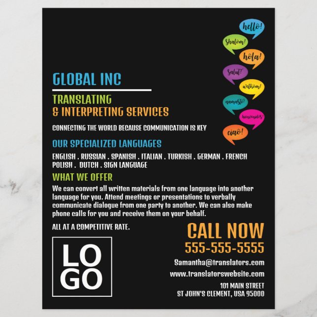 Hej design, översättare och tolk reklamblad (Framsidan)