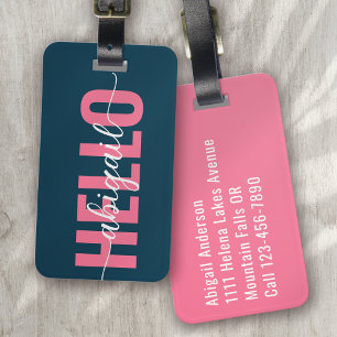 Hej ditt namn Rosa Blue Calligraphy Bagagebricka