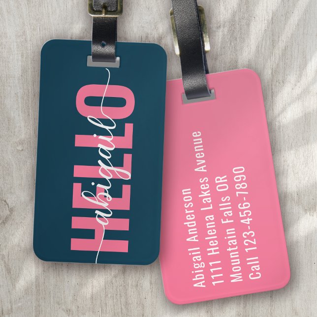 Hej ditt namn Rosa Blue Calligraphy Bagagebricka (Skapare uppladdad)