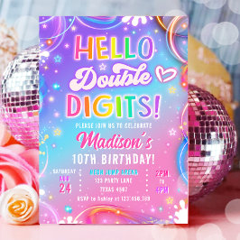 Hej Dubbla Siffror Neon Glöd Flicka 10-årsdag Inbjudningar