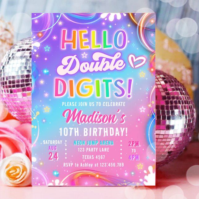 Hej Dubbla Siffror Neon Glöd Flicka 10-årsdag Inbjudningar (Skapare uppladdad)