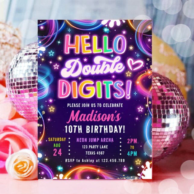 Hej Dubbla Siffror Tween Neon Glow Girl Birthday Inbjudningar (Skapare uppladdad)