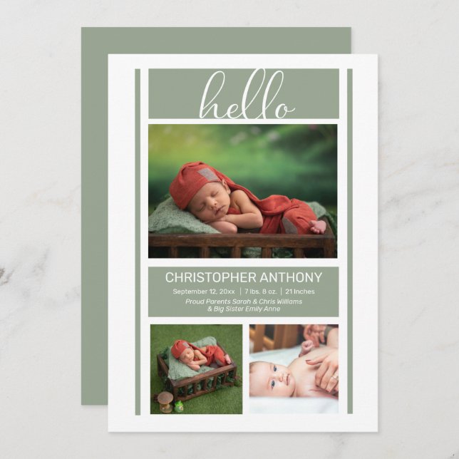 Hej Enkel minimalistisk Grönt Pojke födelse Meddelande (Fram/baksida)