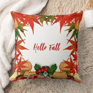 Hej Fall Autumn Färg Pumpkin Maple Löv Kudde