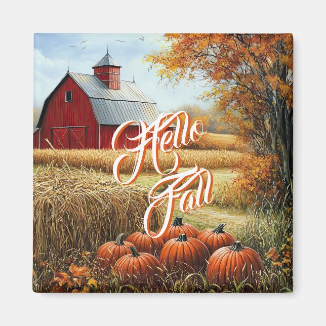 Hej Fall Autumn Thanksgiving Rural Barn Pumpkins Magnet (Framsidan)
