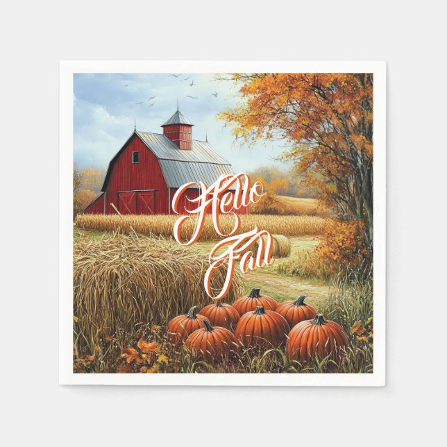 Hej Fall Autumn Thanksgiving Rural Barn Pumpkins Pappersservett (Framsidan)
