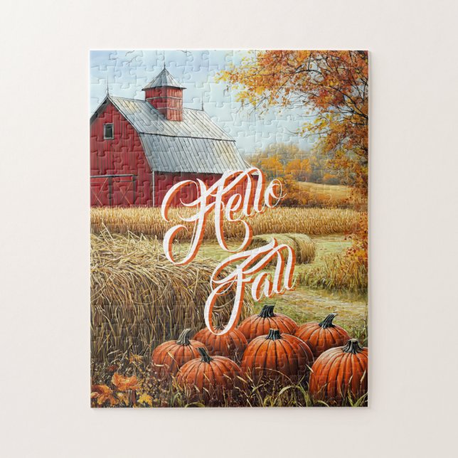 Hej Fall Autumn Thanksgiving Rural Barn Pumpkins Pussel (Vertikal)