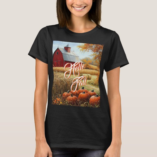 Hej Fall Autumn Thanksgiving Rural Barn Pumpkins T Shirt (Framsida)