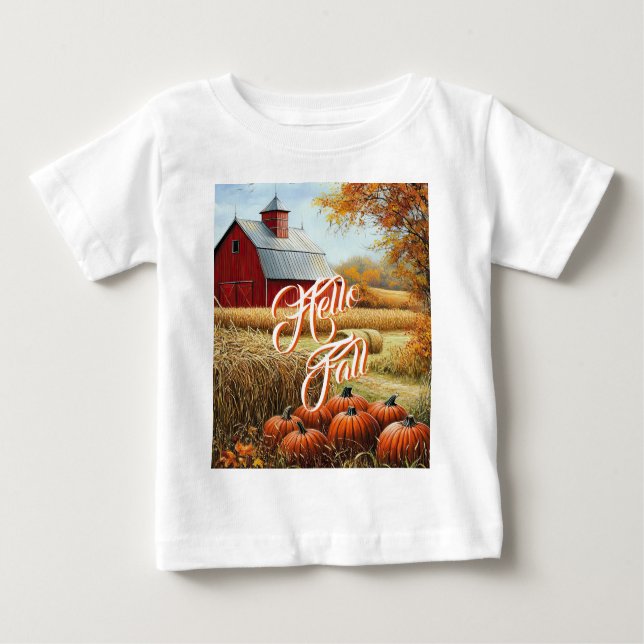 Hej Fall Autumn Thanksgiving Rural Barn Pumpkins T Shirt (Framsida)