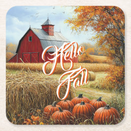 Hej Fall Autumn Thanksgiving Rural Barn Pumpkins Underlägg Papper Kvadrat