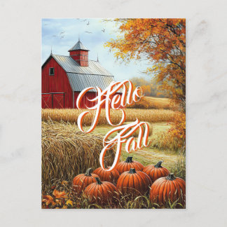 Hej Fall Autumn Thanksgiving Rural Barn Pumpkins Vykort