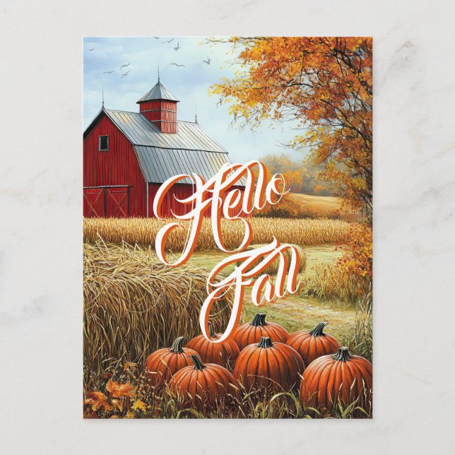 Hej Fall Autumn Thanksgiving Rural Barn Pumpkins Vykort (Framsida)