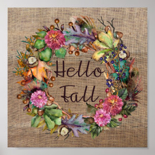 Hej Fall Blommor, vattenfärg och kolv Poster
