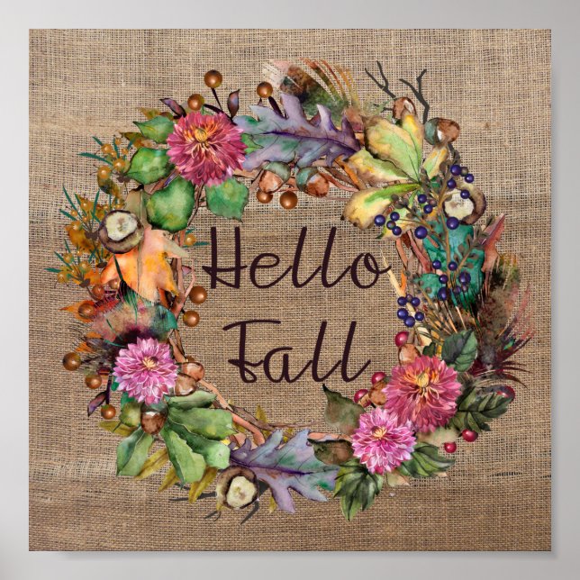 Hej Fall | Blommor, vattenfärg och kolv Poster (Framsidan)