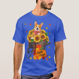 Hej Fall Corgi Hund i solblommor Löv hösten T Shirt