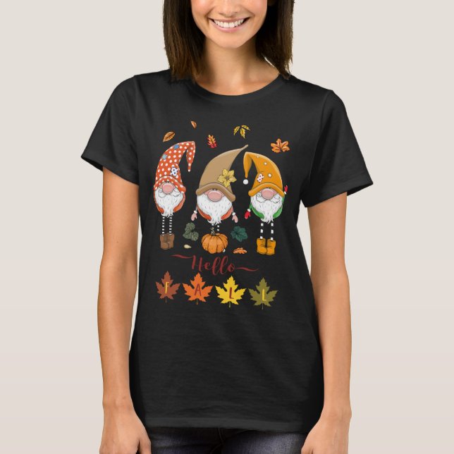 Hej Fall Cute Gnomes Pumpkins Löv Lycklig Tack T Shirt (Framsida)